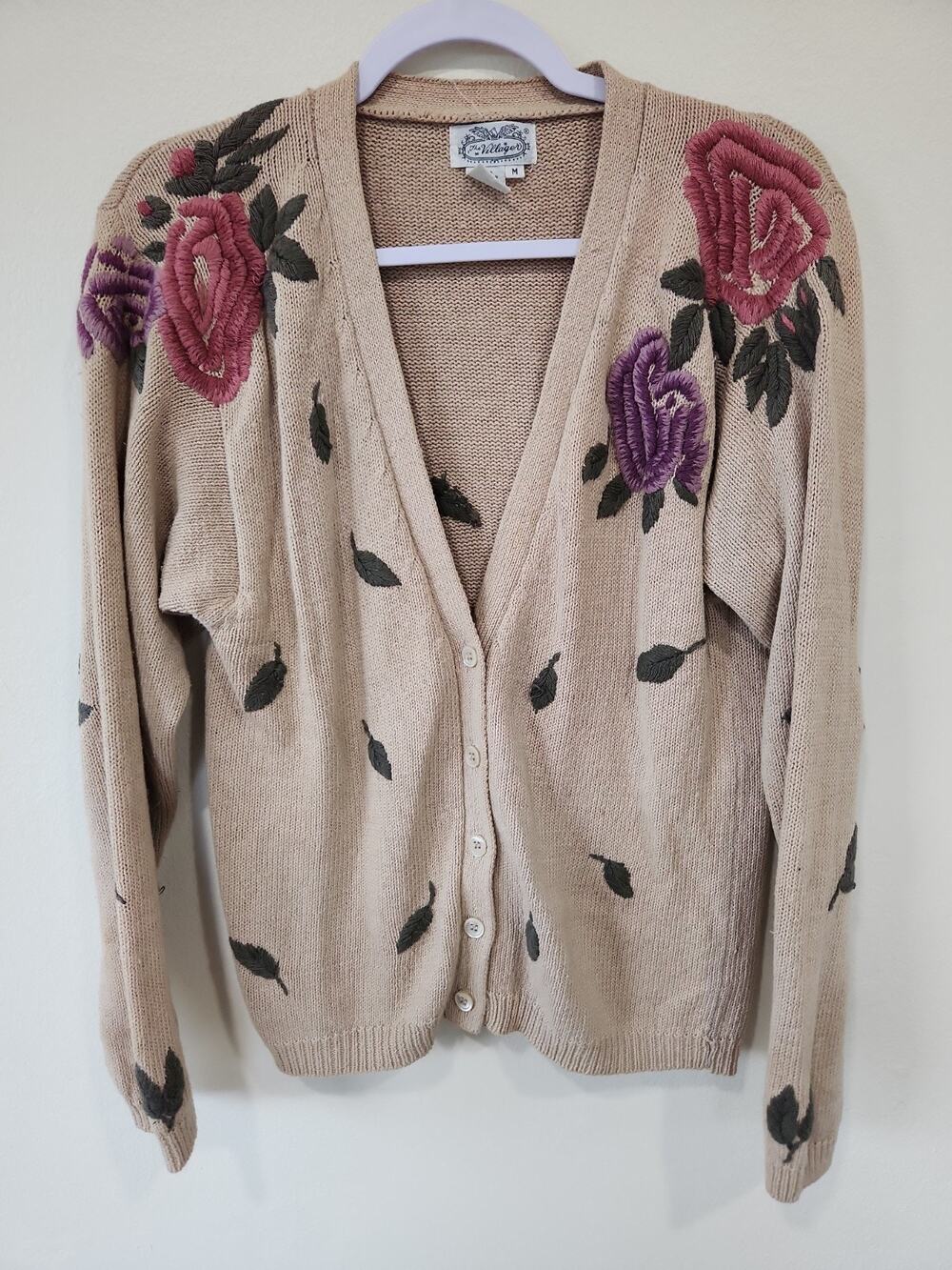 VTG The Villager Sweater Womens Medium Roses Button Front Embroidered Cardigan
